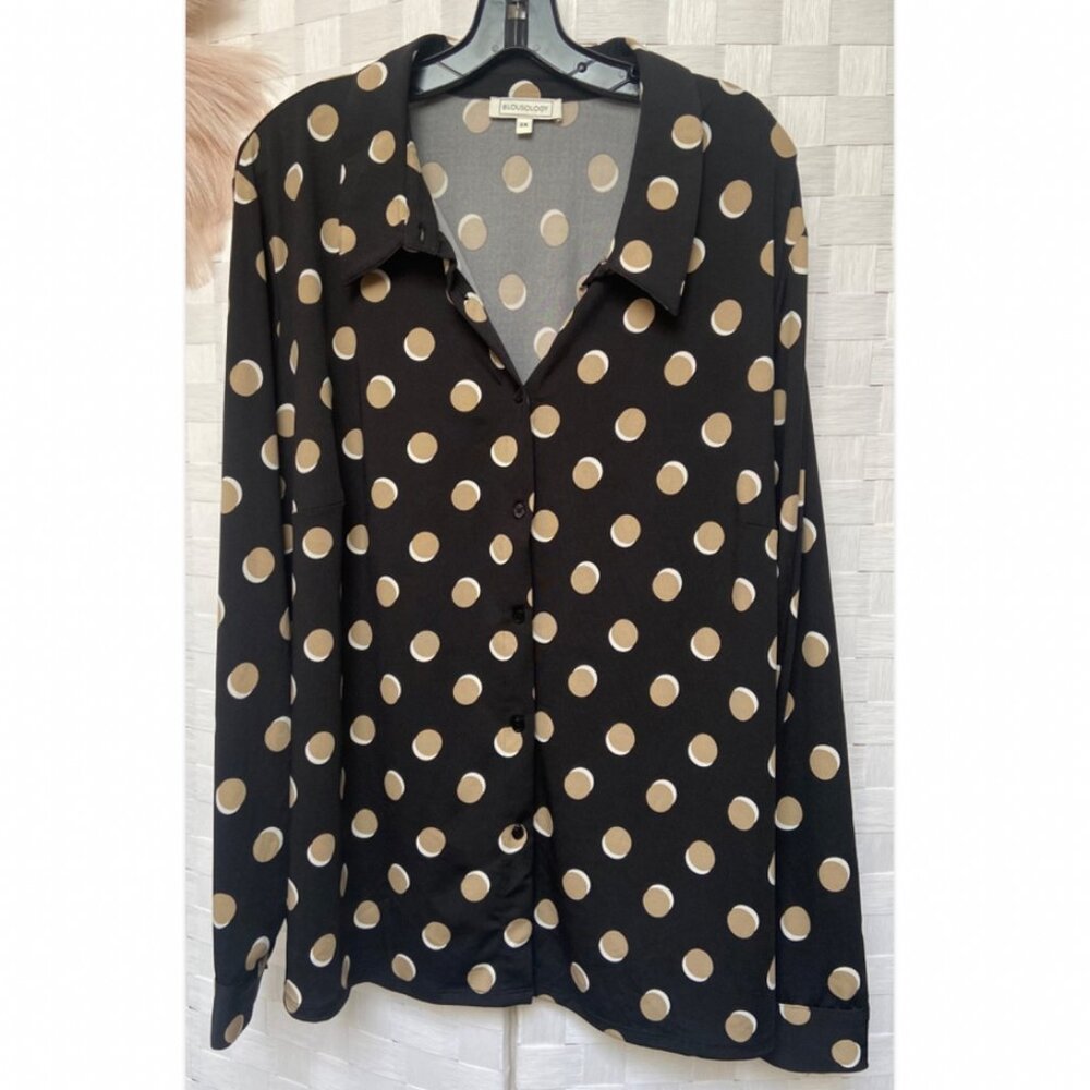 Blousology Polka Dot Black Tan Button Up Blouse Shirt Size 3X